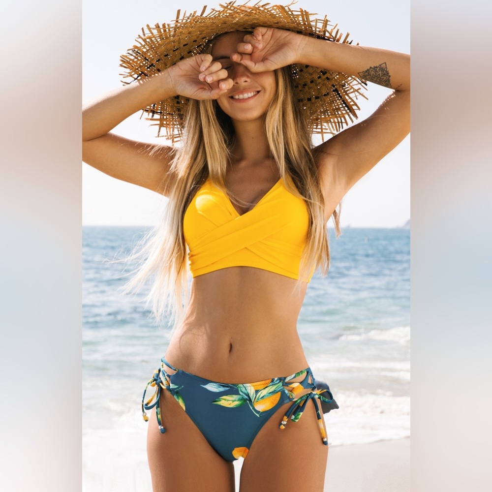 NWT CUPSHE Yellow Wrap Front & Floral Print Tie Side Bikini Set M